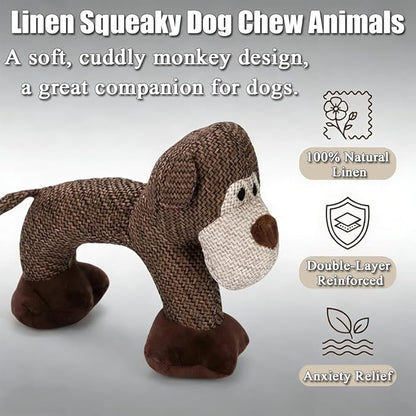 Linen Squeaky Dog Chew Animals, Made from Sturdy Linen Fabric in the Shapes of Animals Dogs Love, This is Perfect for Relieving Boredom and Anxiety in Small to Medium-Sized Dogs(Monkey)