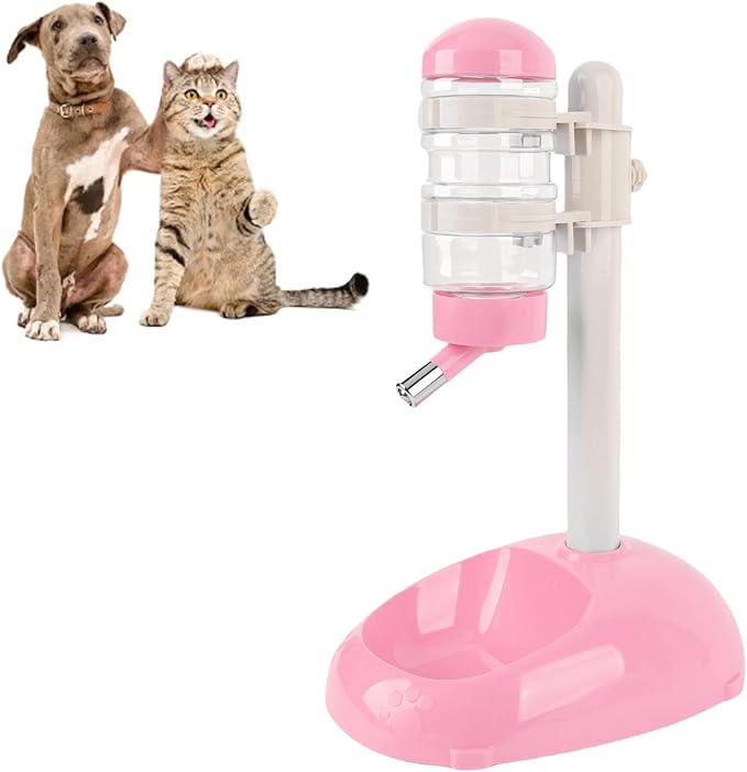Denash Pet Standing Water Dispenser Feeder, 500ml Dog Water Feeder Bottle Adjustable Raised Pet Food Bowl for Dogs Detachable Bottles Easy Cleaning (Pink)