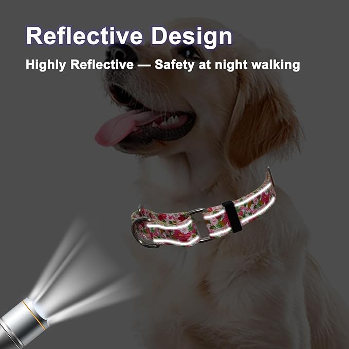 Reflective Martingale Collar for Dogs Nylon Training Collar with No Buckle Cute Floral No Pull Dog Collar for Small Dogs（Pink Flower，S）