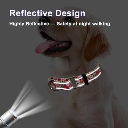 Reflective Martingale Collar for Dogs Nylon Training Collar with No Buckle Cute Floral No Pull Dog Collar for Small Dogs（Pink Flower，S）