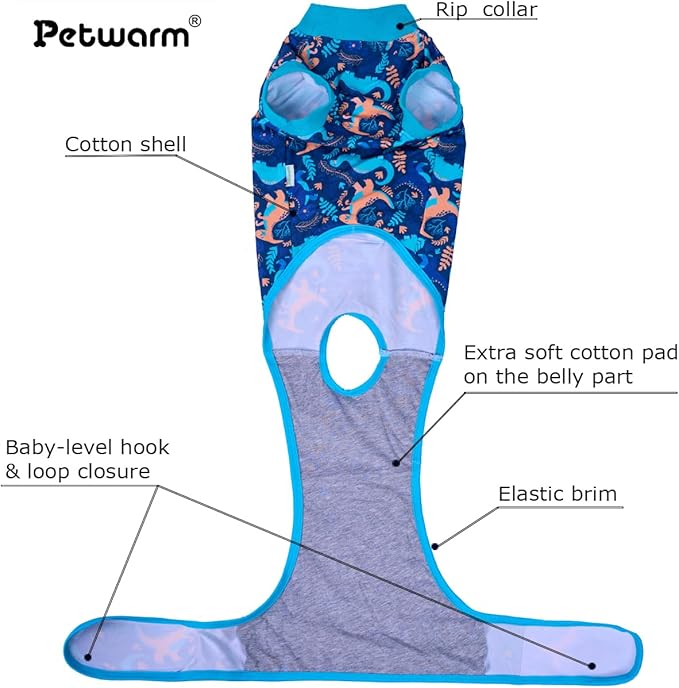 PetWarm Neutering Recovery Suit for Male Dogs, Pet Coat's Inner Clothes, Dog Cone Alternative After Surgery Suit for Dogs Female Male Dog Onesie for Spay Neuter, Dinosaur Pattern, Green, S