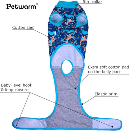 PetWarm After Surgery Onesie for Dogs, Pet Coat's Inner Clothes, Dog Cone Alternative After Surgery Suit for Dogs Female Male Dog Onesie for Spay Neuter, Dinosaur Pattern, Green, XS