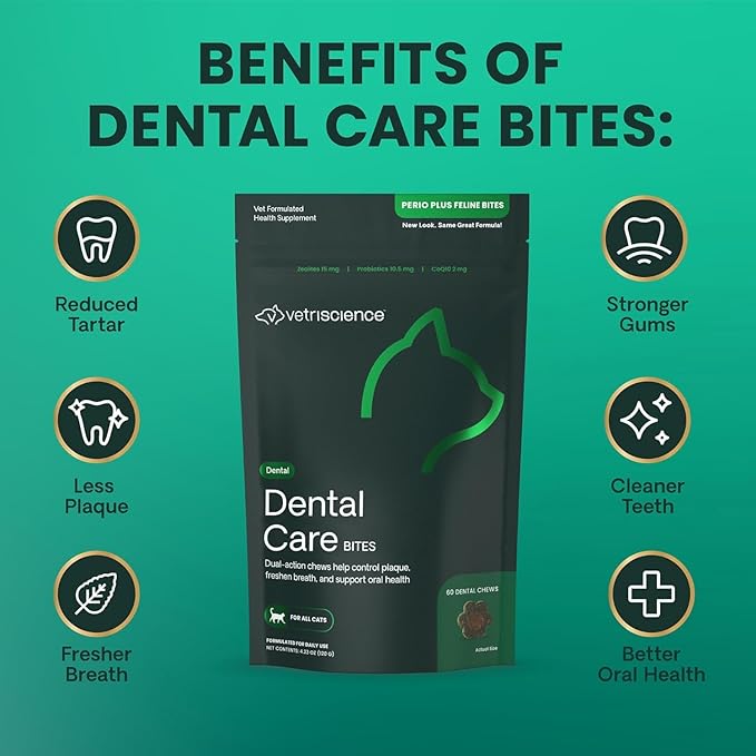 VetriScience Perio Plus Cat Teeth Cleaning Bites - Advanced Cat Breath Freshener - Dual Action Cat Dental Care Formula for Plaque Control & Fresh Breath, 60 Chews, Chicken Flavor