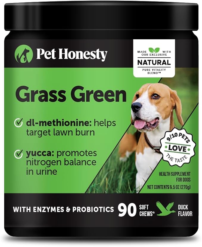 Grass Green Dog Urine Neutralizer for Lawns - Stops Yellow Burn Spots & Brown Grass - Lawn Saver Supplement with dl-Methionine, Probiotics & Digestive Enzymes - Green Grass Chews (Duck, 90 Ct)