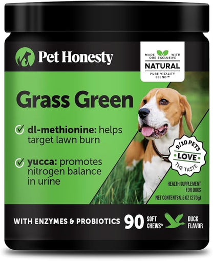 Grass Green Dog Urine Neutralizer for Lawns - Stops Yellow Burn Spots & Brown Grass - Lawn Saver Supplement with dl-Methionine, Probiotics & Digestive Enzymes - Green Grass Chews (Duck, 90 Ct)