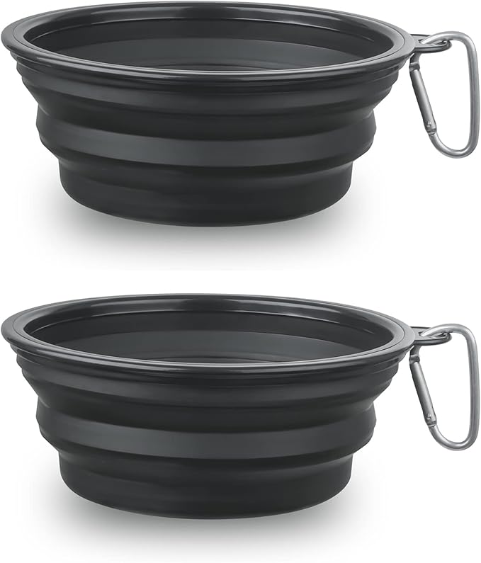 Large Dog Bowl Pet Collapsible Bowls, 2 Pack Collapsible Dog Water Bowls for Cats Dogs, Portable Pet Feeding Watering Dish for Walking Parking Traveling with 2 Carabiners (Large, Black+Black)