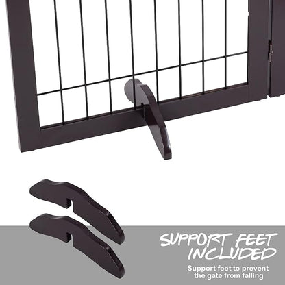 PAWLAND 144-inch Extra Wide 30-inches Tall Dog gate with Door Walk Through, Freestanding Wire Pet Gate for The House, Doorway, Stairs, Pet Puppy Safety Fence, Support Feet Included, Espresso,6 Panels