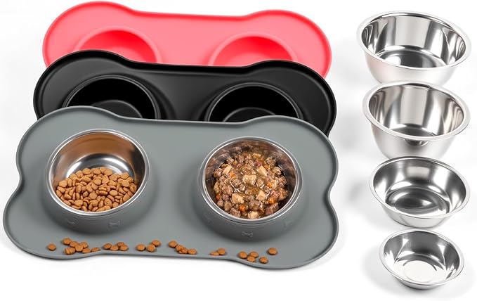 Conlun Dog Bowls with Non-Slip Silicone Mat, Spill Proof Large Food & Water Bowls Set, Easy Clean Dog Food Dish, Dishwasher Safe, Suitable for Dogs Cats Pet Under 90lbs, Large, Grey
