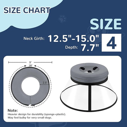 Sponge Core Dog Cone, Inflatable Dog Cone Collar Alternative, Dogs Donut Collar After Surgery, Soft Cone for Large Medium Small Dogs to Stop Licking, No Inflation Required, Clear View(Size 4, Gray)