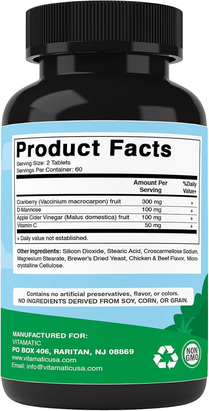 Vitamatic Cranberry for Dogs – 120 Chewable Tablets – with D-Mannose, Apple Cider Vinegar & Vitamin C – Urinary Tract & Bladder Support for Dogs