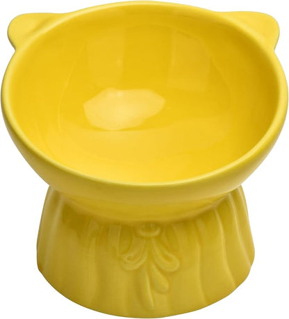 Elevated Cat Food Bowl,8 Oz Ceramic Raised and Tilted Water Bowl,Anti Vomiting and Protect Pets Spines Dishes for Fat Faced Cat, Indoor Cats,Kitten,Small Dog (Yellow)