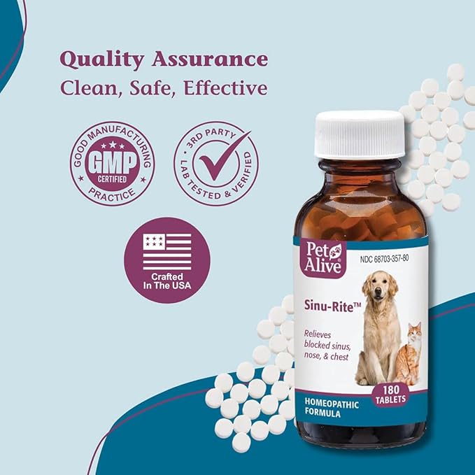 PetAlive Sinu-Rite Dog and Cat Nasal Congestion Relief - Homeopathic Tablets - Supports Relief from Dog Sinus Congestion, Runny Nose, Facial Pressure - Dog Sneezing Treatment - 180 Count