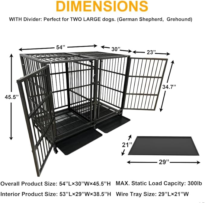 BOLDBONE 54 inch Heavy Duty Indestructible and Escape-Proof Dog Crate Cage Kennel with Divider for 2 Large Dogs, High Anxiety Dog Crate with Removable Wires Trays and Wheels, Extra Large XL XXL