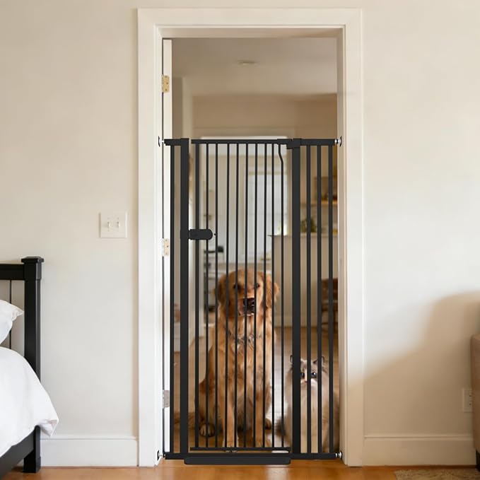 Lumizone Extra Tall Cat Gate 55.12" High Pressure Mounted Extra Wide 2025 New (17 Sizes) 1.37" Gap No Drilling Auto-Close One-Handed Operation Tall Pet Gate for Dogs(Black, 55.12" H x 34.25"-38.38" W)