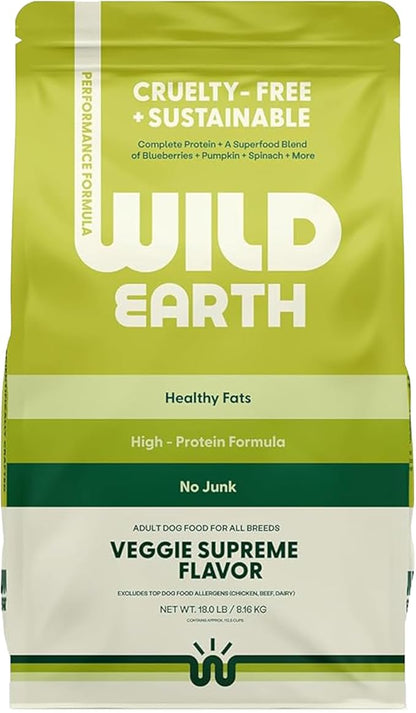 Wild Earth Vegan Dry Dog Food Performance Formula | Plant-Based Vegetarian Kibble | Wheat-Free, Allergen-Free, Veterinarian-Developed | Veggie Supreme Flavor, 18lb Bag