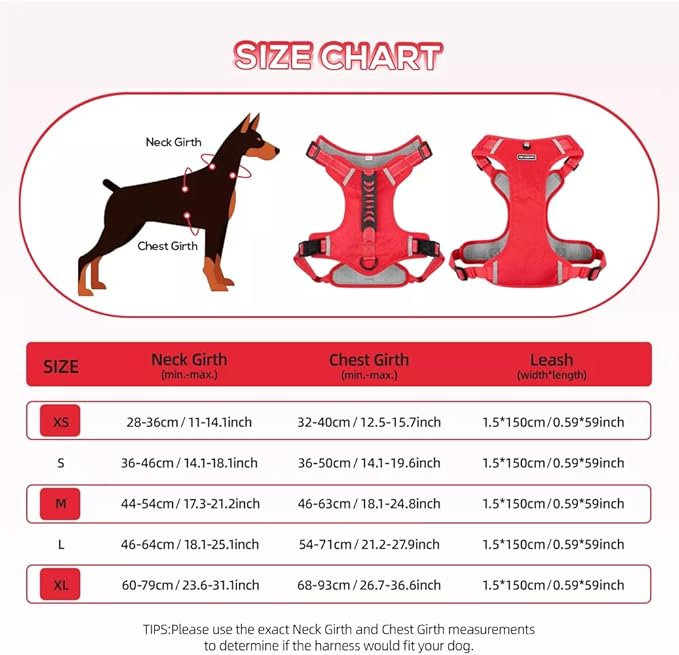 Dog Harness No Pull Adjustable Reflective,for Medium and Large Small Dog with Leash 59.06in (Red, XL)