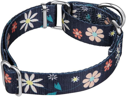 Martingale Collar Floral Print Dog Collar - No Pull Pet Collar, Heavy Duty Adjustable Dog Collar, Medium, Neck 14 Inch -21 Inch, Elegant Flowers (Dark Blue)