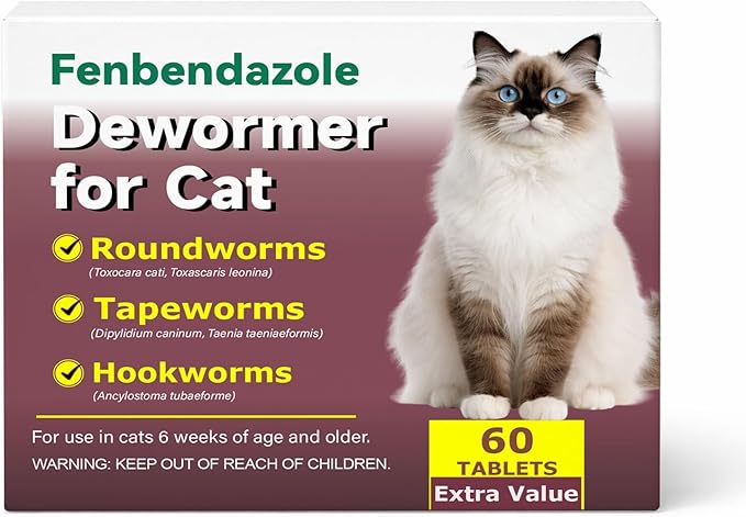 Dewormer for Cats,Cat Wormer Fenbendazole Tablets for Tapeworms, Roundworms & Hookworms,60 Count