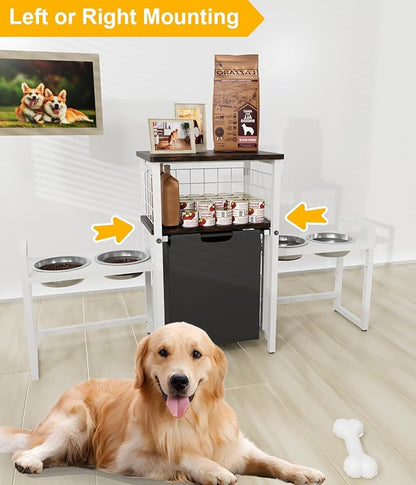 30.6Long x 26.2 High Elevated Dog Bowl Stand with Pet Food Storage Organizer, Adjustable Raised Feeding Station with Toy Basket for Large Medium Small Dogs and Cats, White