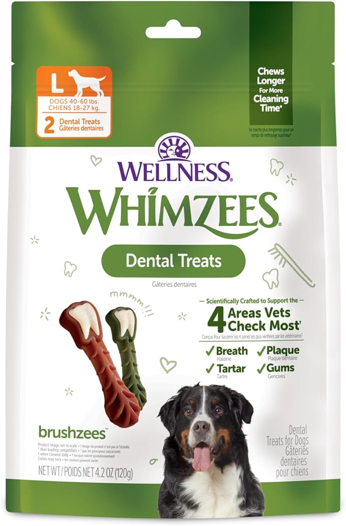 Whimzees Wellness Brushzees Dog Dental Treat, VOHC Accepted Chews, Freshens Breath, Large Size, 4.2 oz Bag, 2 Count