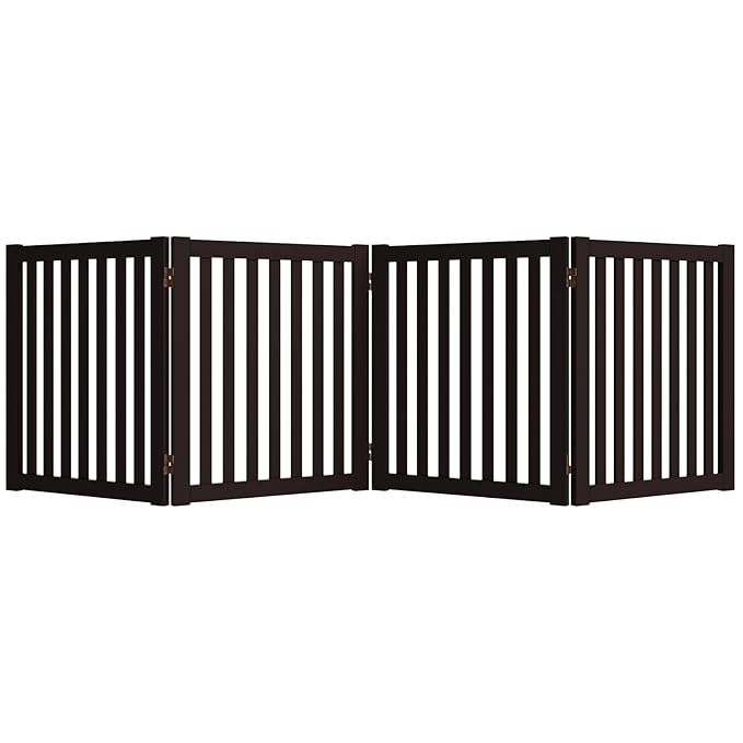 WELLAND 24" Freestanding Pet Gate, Foldable Wooden Dog Gate, 4 Panel Step Over Fence, Indoor Puppy Gate, Expands Up to 80" Wide, Espresso