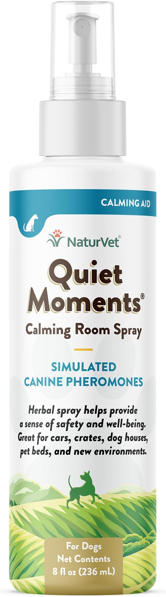 NaturVet Quiet Moments Herbal Calming Room Spray Dog Supplement - Ideal for Cars, Dog Crates, New Environments - Helps Reduce Pet Stress, Storm Anxiety, Motion Sickness - 8 Oz.