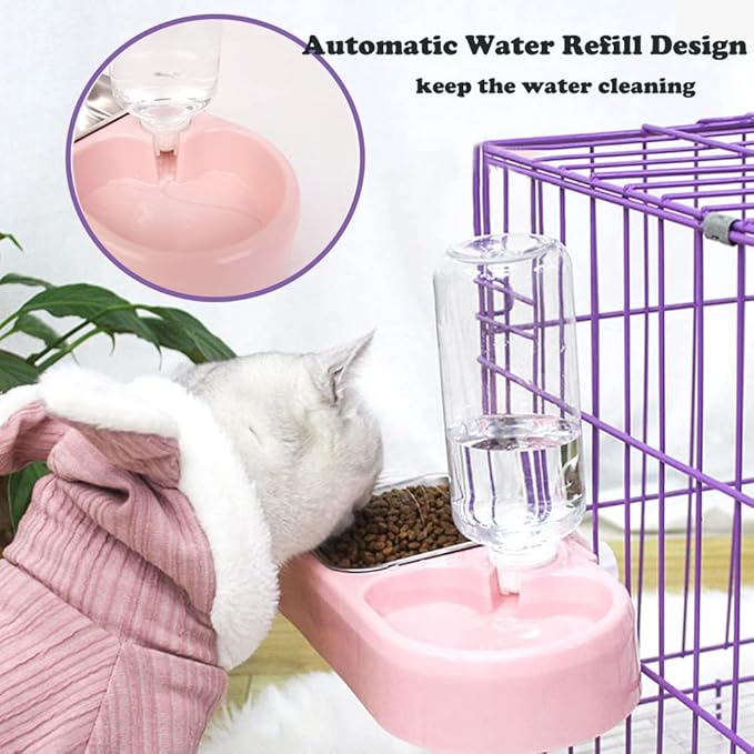 Crate Dog Cat Bowls, Dog Water and Food Bowl Set with Detachable Stainless Steel Bowl and Automatic Water Dispenser Bottle, Hanging Pet Cage Kennel Food Water Feeder Bowls for Puppy Cat Rabbite