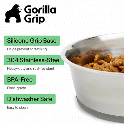 GORILLA GRIP Dog Bowls, Food Grade 304 Stainless Steel, Holds 6 Cups Each (48 fl oz) Food and Water Bowl for Feeding Dogs and Cats, Dishwasher Safe, Rust Resistant, BPA Free Rubber Base Set of 2 Gray