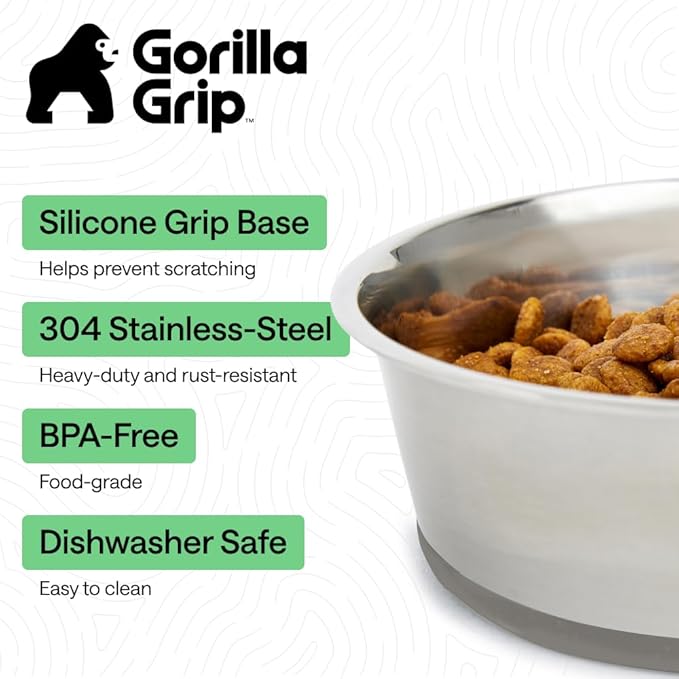 GORILLA GRIP Dog Bowls, Food Grade 304 Stainless Steel, Holds 4 Cups Each (32 fl oz) Food and Water Bowl for Feeding Dogs and Cats, Dishwasher Safe, Rust Resistant, BPA Free Rubber Base Set of 2 Gray