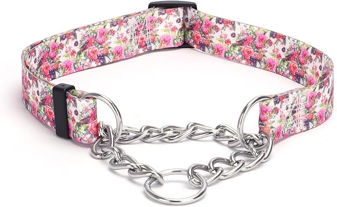 Martingale Dog Collar with Stainless Steel Chain - Limited Chain Cinch Training Collar for No Pull Training Dog - Flower Multicolor Cute Patterns - Premium No Slip Collar (S, Peony)