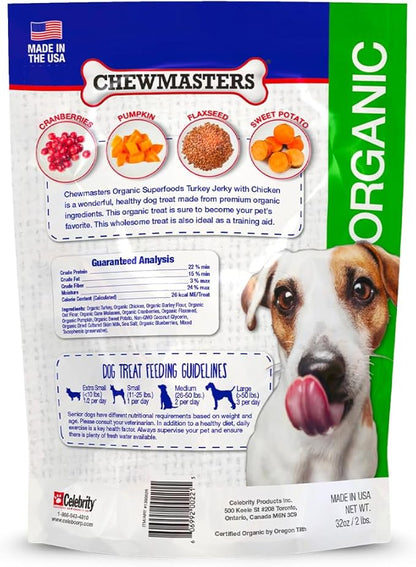 Chewmasters Organic Turkey Jerky with Chicken Dog Treat for All Life Stages - Fresh and Healthy Turkey Dog Treats - High Protein, Real Meat Snack, Grain Free, by-Product Free - USA Made, 2lb