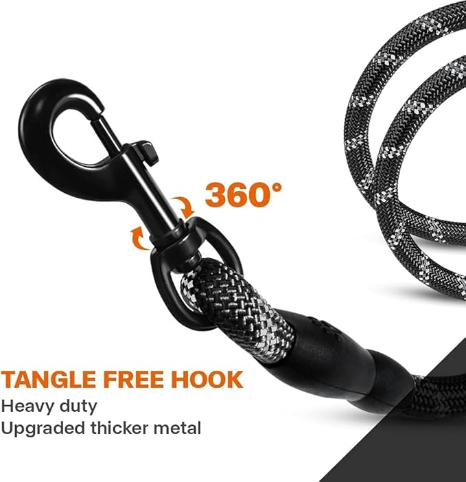 Taglory Rope Dog Leash 4 FT with Comfortable Padded Handle, Highly Reflective Threads Leash and Anti-Tangle Clip for Walking Medium Large Dogs, 1/2 inch, Black