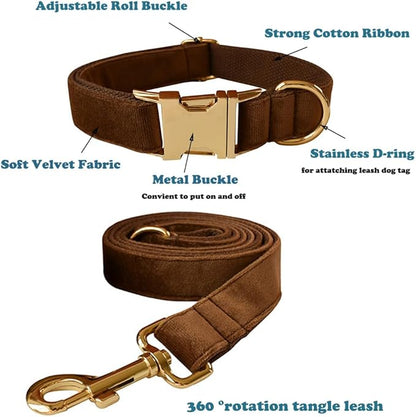 Love Dream Velvet Dog Collar and Leash Set, Soft & Comfy Adjustable Dog Leash and Collar with Heavy Duty Metal Buckle for Small Medium Large Dogs Training & Walking (Large, Coffee)