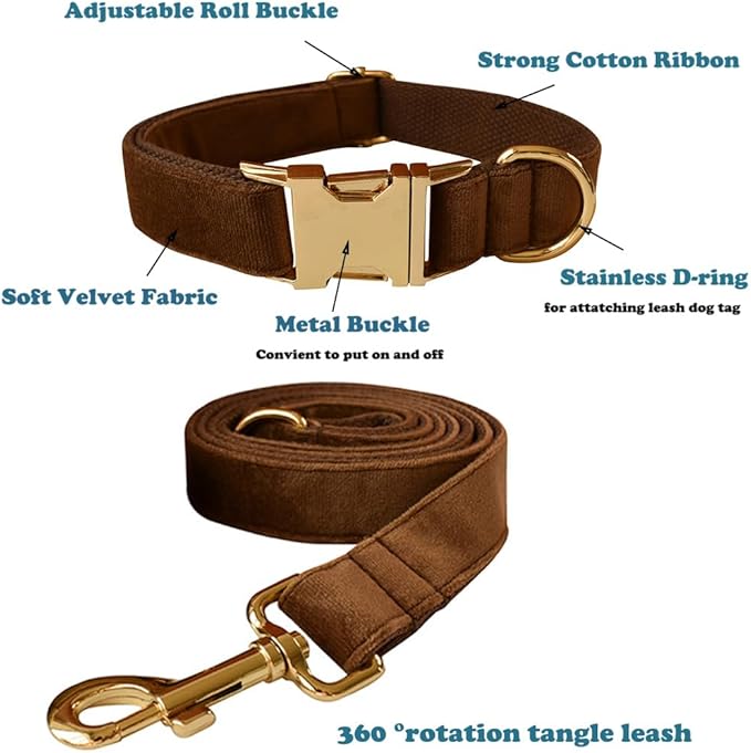 Love Dream Velvet Dog Collar and Leash Set, Soft & Comfy Adjustable Dog Leash and Collar with Heavy Duty Metal Buckle for Small Medium Large Dogs Training & Walking (XLarge, Coffee)