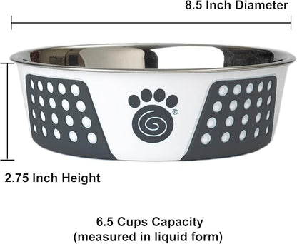 PetRageous 15002 Fiji Stainless Steel Non-Slip Dishwasher Safe Dog Bowl 6.5-Cup Capacity 8.5-inch Diameter 2.75-inch Tall for Large and Extra Large Dogs, White and Slate Blue