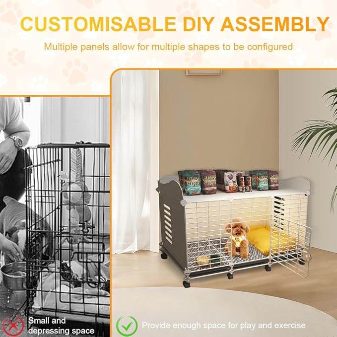Dog Crate Furniture | 43" XL Dog Cage Furniture | Puppy Crate House with Wheels Tray & Drawer Storage | Metal Indoor Fencing Kennel House | Lockable Dogs Play Pen Cage for Medium Large Dogs
