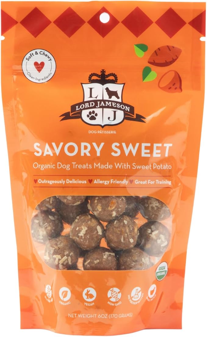 Lord Jameson Savory Sweet Soft & Chewy Organic Dog Treats - Carrot & Sweet Potatoes- Gluten-Free, Preservative-Free, USDA Certified Organic – For All Life Stages - Made in USA 6 oz
