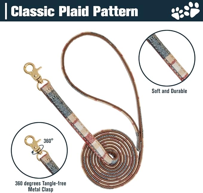 EXPAWLORER Puppy Collar and Leash Set - Plaid Dog Collar and Leash with Bow Tie and Bandana, Bell, Khaki