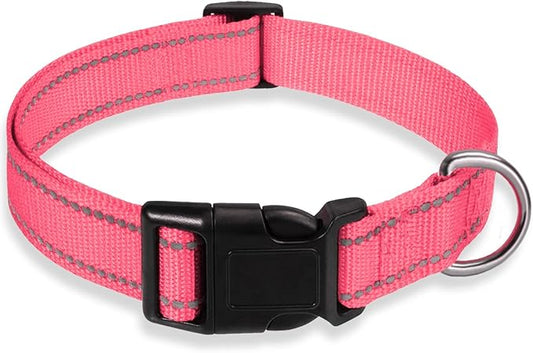 Reflective Dog Collar with Buckle Adjustable Safety Nylon Collars for Small Medium Large Dogs, Light Pink L