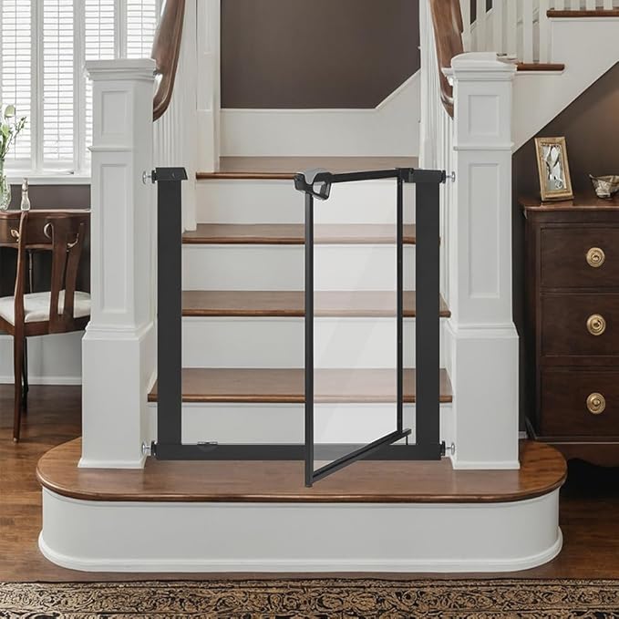 unipaws Clear Dog Gate for Doorway Stairs Wide Openings, Pressure Mounted Extra Wide Pet Door with Extension Parts, No Drilling Walk Through Gate, Indoor, Black