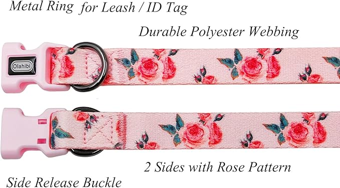 Dog Collar and Leash Set, Cute Rose Pattern, Polyester Material, 5ft Leash, for Puppy Dogs.(Extra Small,Pink Rose)