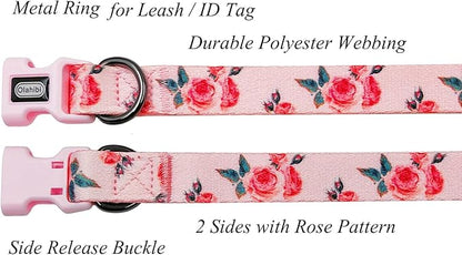 Dog Collar and Leash Set, Cute Rose Pattern, Polyester Material, 5ft Leash, for Puppy Dogs.(Extra Small,Pink Rose)