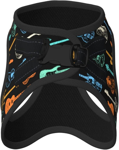 Dog Harness and Leash Set with Electric Guitars Music Pattern, Breathable Mesh Vest with Reflective Strips, Adjustable No Pull Pet Harness for Small Dogs and Cats Large