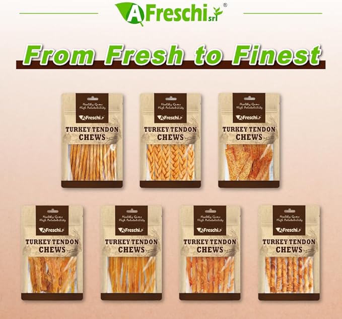 A Freschi srl Turkey Tendons for Dogs, USA-Sourced, Healthy Dog Treats, Rawhide-Free Puppy Chews, Long Lasting, All Natural, Hypoallergenic Dog Treats, Coil (S), 3 oz Pack
