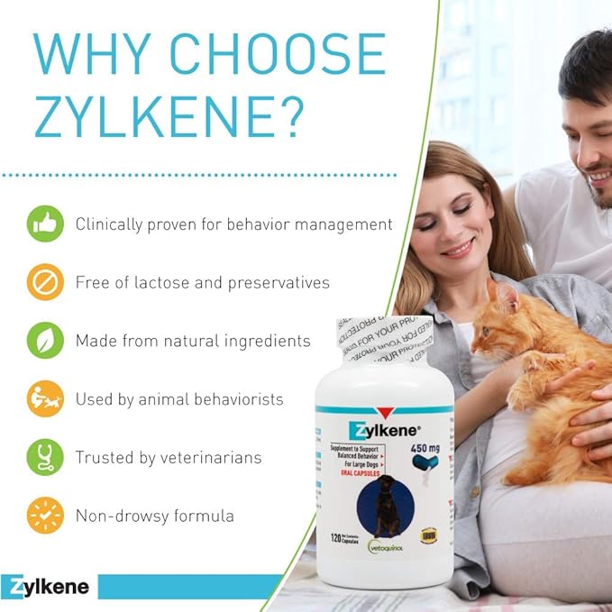 Vetoquinol Zylkene - Calming Support for Large Dogs 33–132 lb - Supports Behavior & Occasional Anxiety - Perfect for Boarding, Vet Visits & Celebrations - Non-Drowsy & Lactose-Free - 120 Capsules