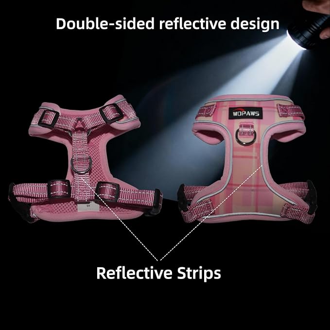 No Pull Dog Harness and Leash Set-Reflective Plaid Design, Adjustable & Comfortable with Front D Ring for Small Medium Dogs (M, Pink Plaid)