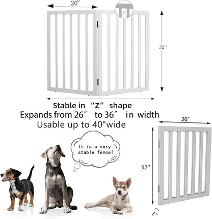 ZJSF Freestanding Indoor Dog Gate for House Foldable Wood White Puppy Gate for Doorways Pet Gate for Stairs Extra Wide Pet Fence 32" Height 2 Panels