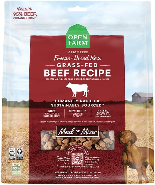 Open Farm, Freeze Dried Raw Dog Food, Morsels with 95% Meat, Organs & Bone, Organic Produce & Superfoods, Complete Meal or Freeze Dried Dog Food Topper, Grass-Fed Beef Recipe, 31.5oz Bag