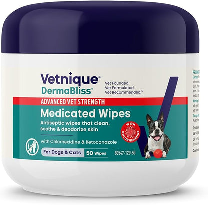 Vetnique Dermabliss Advanced Strength Medicated Antibacterial Wipes for Dogs with Chlorhexidine for Infections, Irritation & Redness Relief