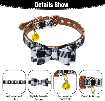 EXPAWLORER Dog Collar and Leash Set - Classic Plaid Dog Bow Tie and Dog Bandana Collar with Bell, Dog Leash Tangle Free, Adjustable Collars for Small Dogs Cats Puppies, Holiday Ideal Gift, XS